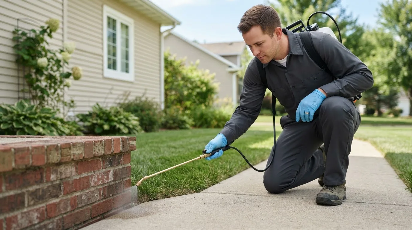 Pest control technician treating a home near Hardtner, KS